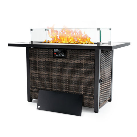 Outdoor Fire Pit 50000 BTU Propane Gas Fire Table With Lid Fireplace With Glass Windproof Willow Base Suitable For Gardens, Terraces, Backyards, 44 Inches