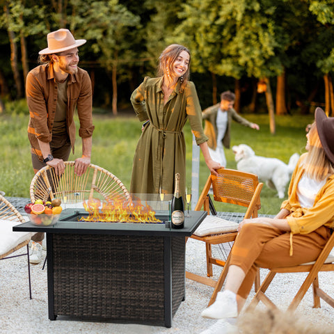 Outdoor Fire Pit 50000 BTU Propane Gas Fire Table With Lid Fireplace With Glass Windproof Willow Base Suitable For Gardens, Terraces, Backyards, 44 Inches