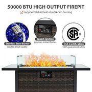 Outdoor Fire Pit 50000 BTU Propane Gas Fire Table With Lid Fireplace With Glass Windproof Willow Base Suitable For Gardens, Terraces, Backyards, 44 Inches